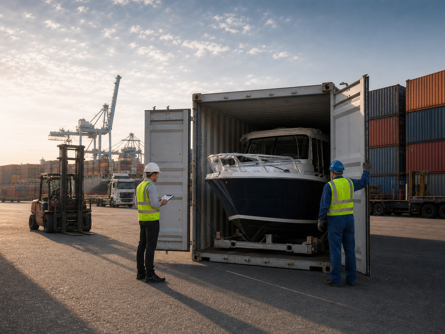 An imported recreational boat being unloaded from a shipping container