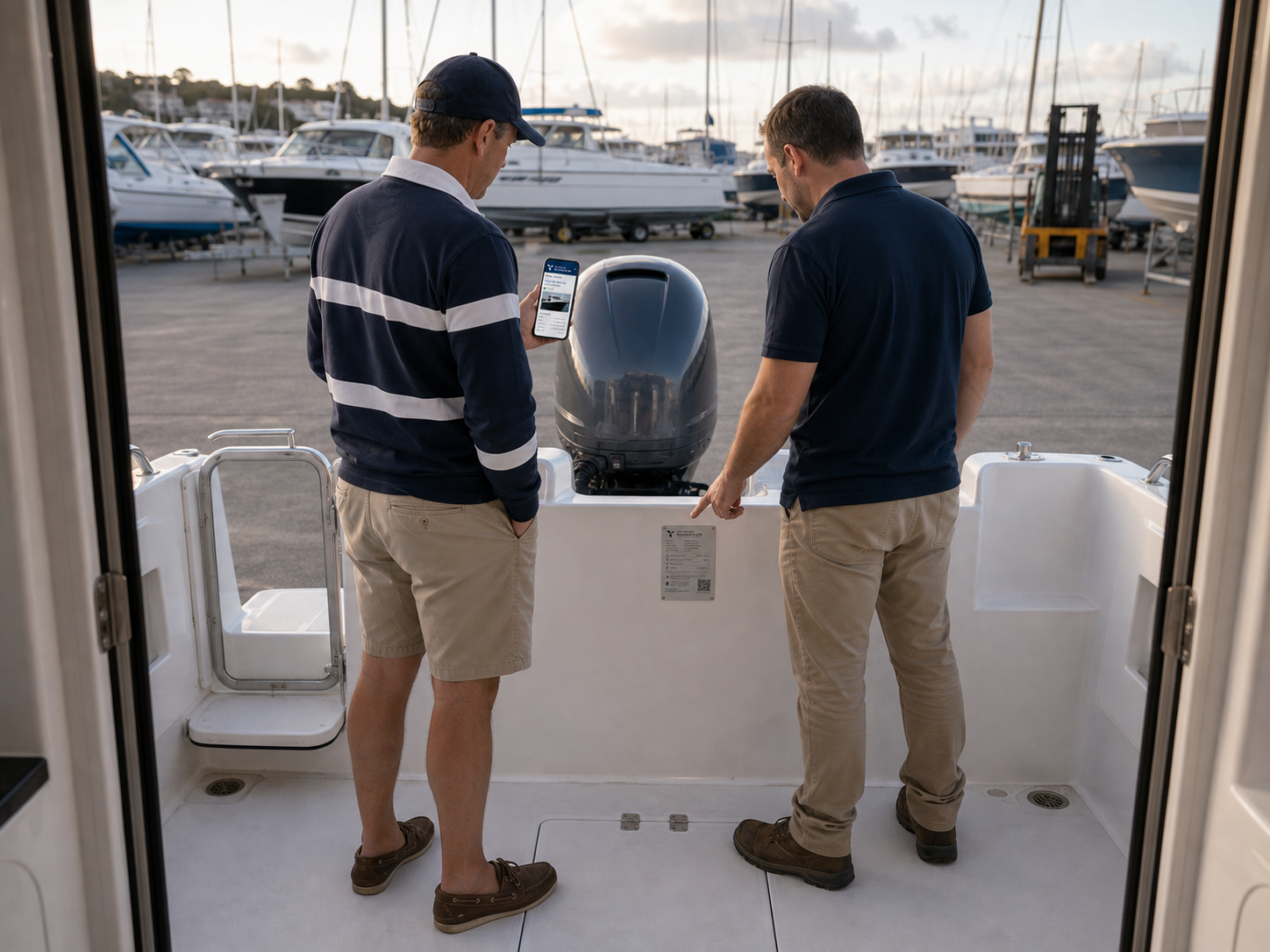 A prospective buyer checking the vessel record on a phone while viewing the Builders Plate